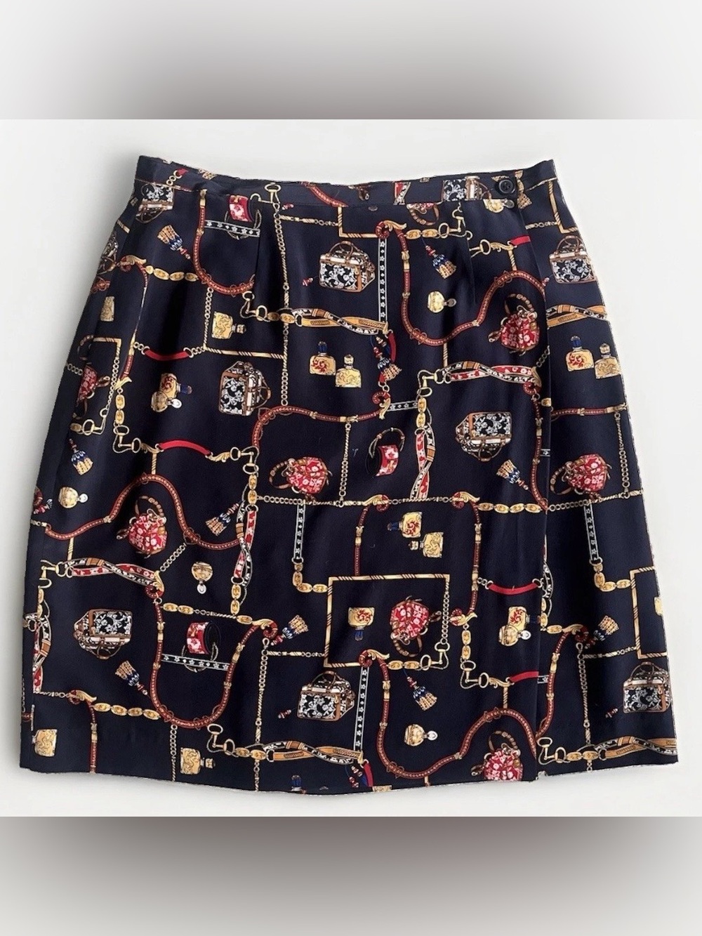 Vintage 90s Classic Navy Scarf Print A-Line 100% Silk Above the Knee Skirt